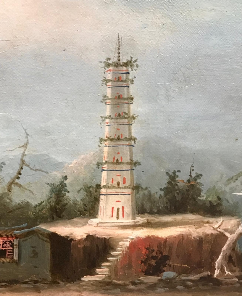 “Paisaje Lacustre con Juncos y Pagoda”, escuela china, primera mitad del siglo XX