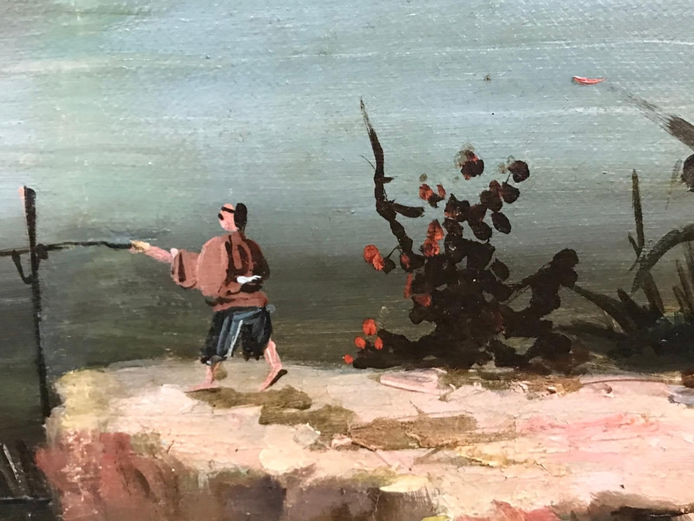 “Paisaje Lacustre con Juncos y Pagoda”, escuela china, primera mitad del siglo XX