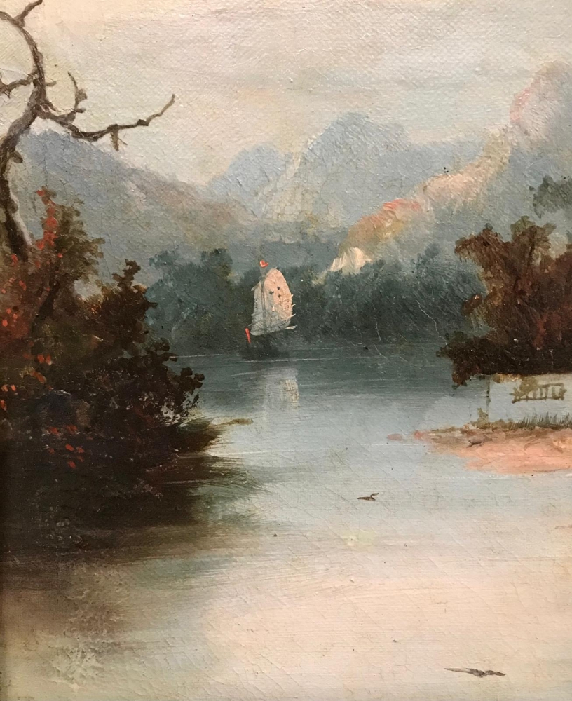 “Paisaje Lacustre con Juncos y Pagoda”, escuela china, primera mitad del siglo XX
