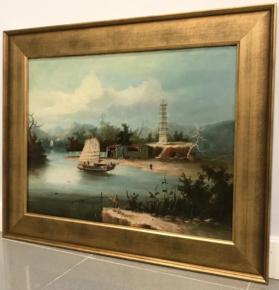 “Paisaje Lacustre con Juncos y Pagoda”, escuela china, primera mitad del siglo XX