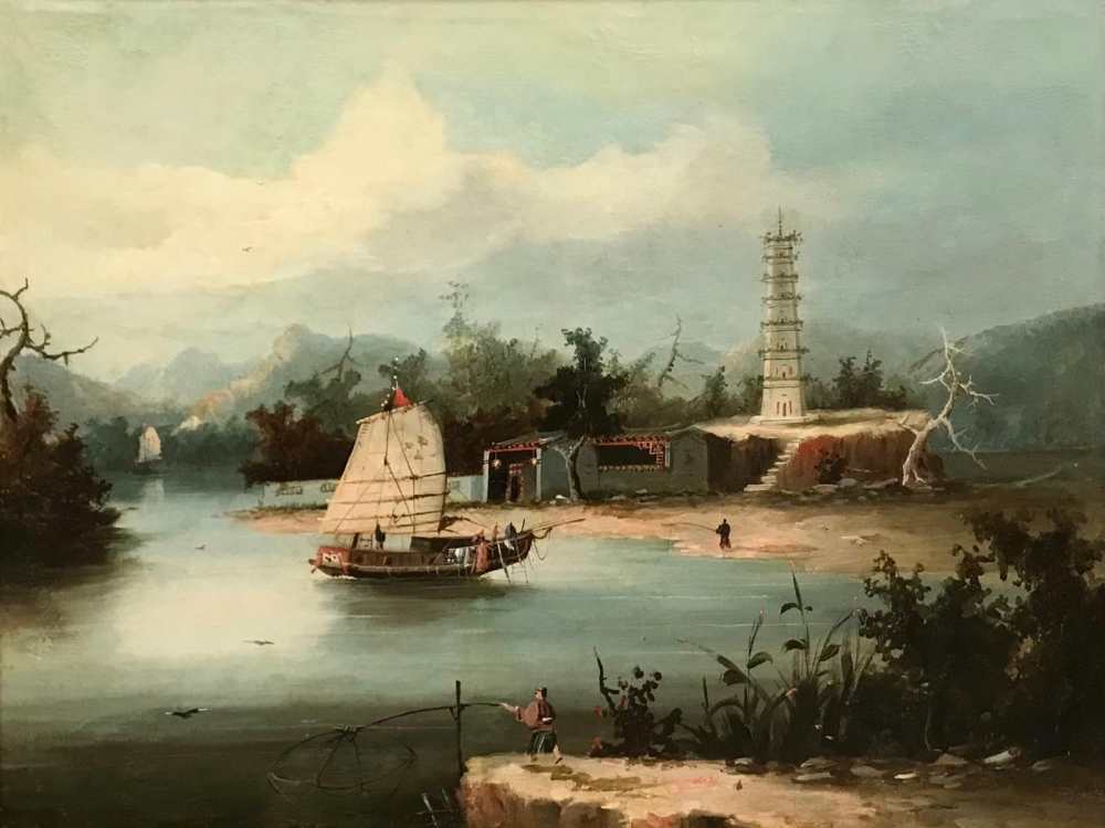 “Paisaje Lacustre con Juncos y Pagoda”, escuela china, primera mitad del siglo XX