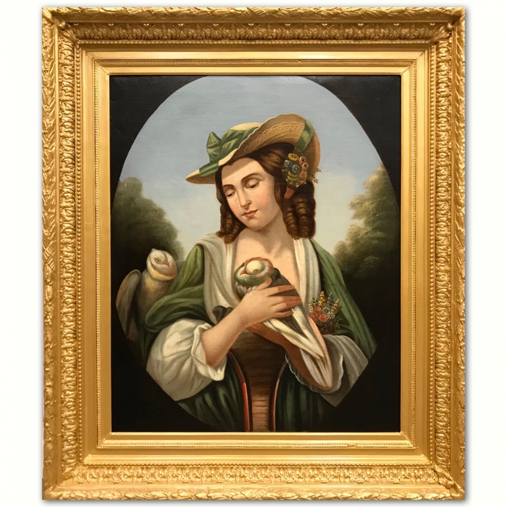\"Joven con Palomas Capuchinas en Óvalo\", escuela italiana del siglo XVIII