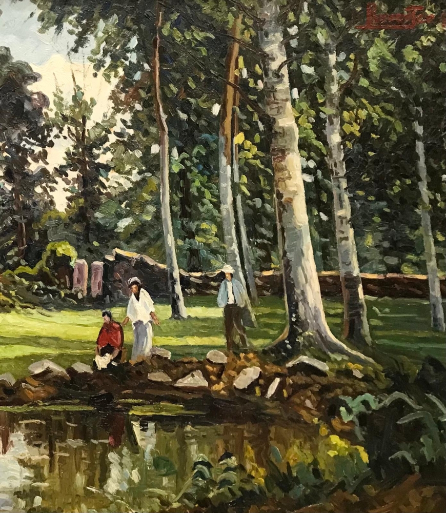 ”Paisaje Campestre con Personajes junto al Río”, Herminia Reverter Santasusagna (1945), 1972