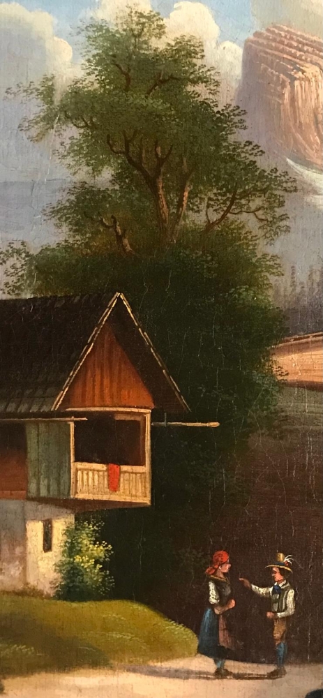 ”Paisaje Alpino con Personajes y Fuente”, escuela franco-suiza, finales del siglo XVIII