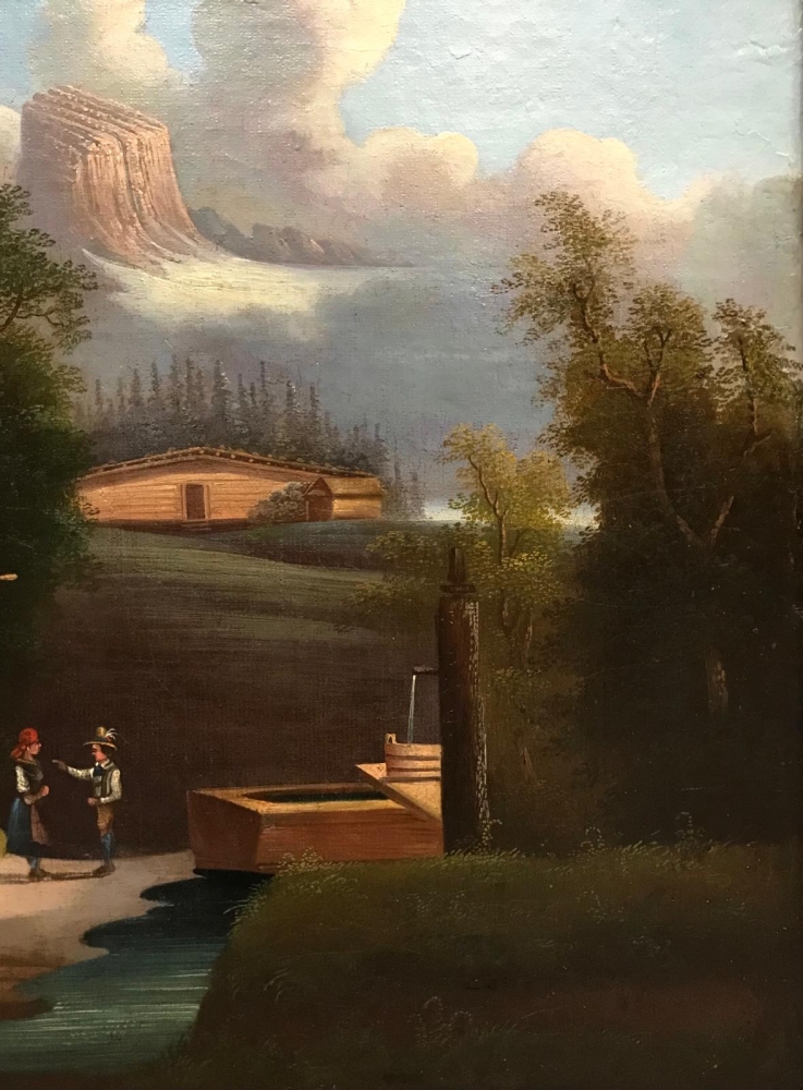 ”Paisaje Alpino con Personajes y Fuente”, escuela franco-suiza, finales del siglo XVIII