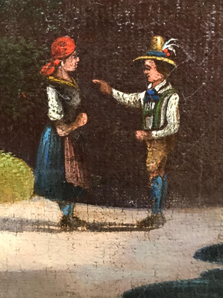 ”Paisaje Alpino con Personajes y Fuente”, escuela franco-suiza, finales del siglo XVIII
