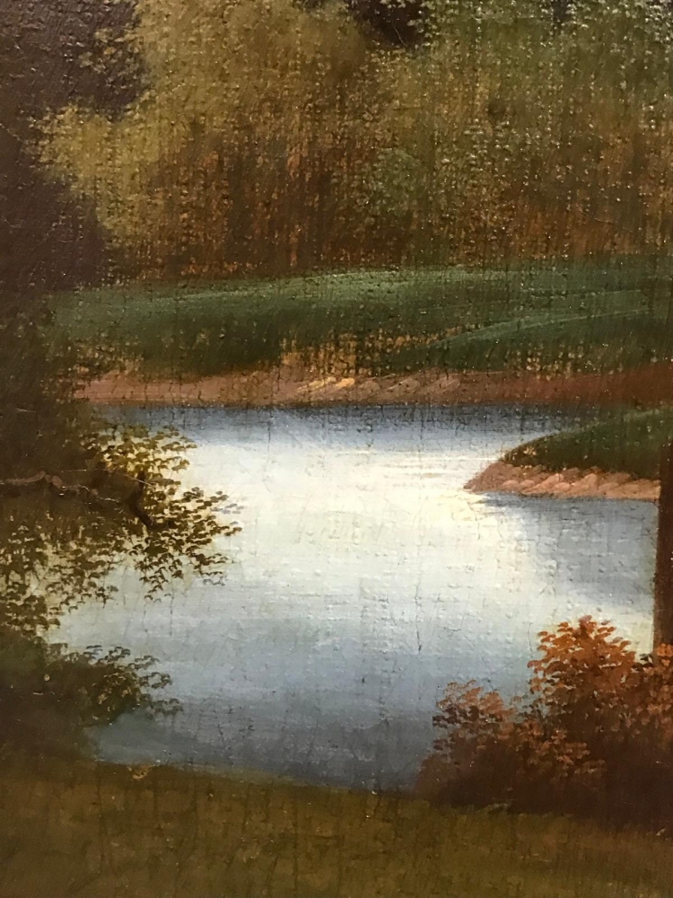 ”Paisaje Alpino con Molino de Agua y Personajes”, escuela franco-suiza, finales del siglo XVIII