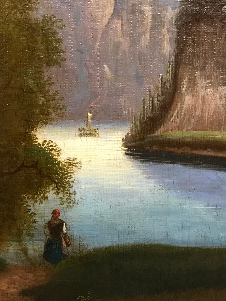 ”Paisaje Alpino con Molino de Agua y Personajes”, escuela franco-suiza, finales del siglo XVIII