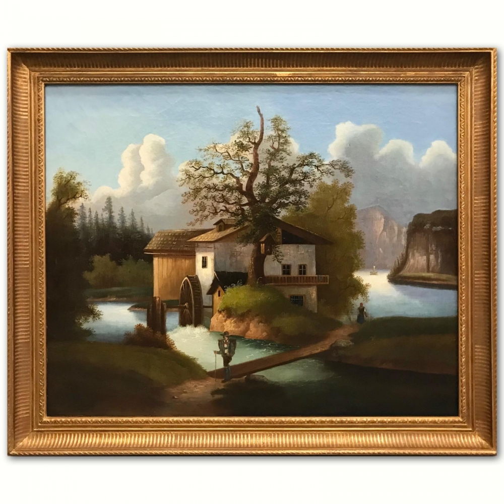 ”Paisaje Alpino con Molino de Agua y Personajes”, escuela franco-suiza, finales del siglo XVIII