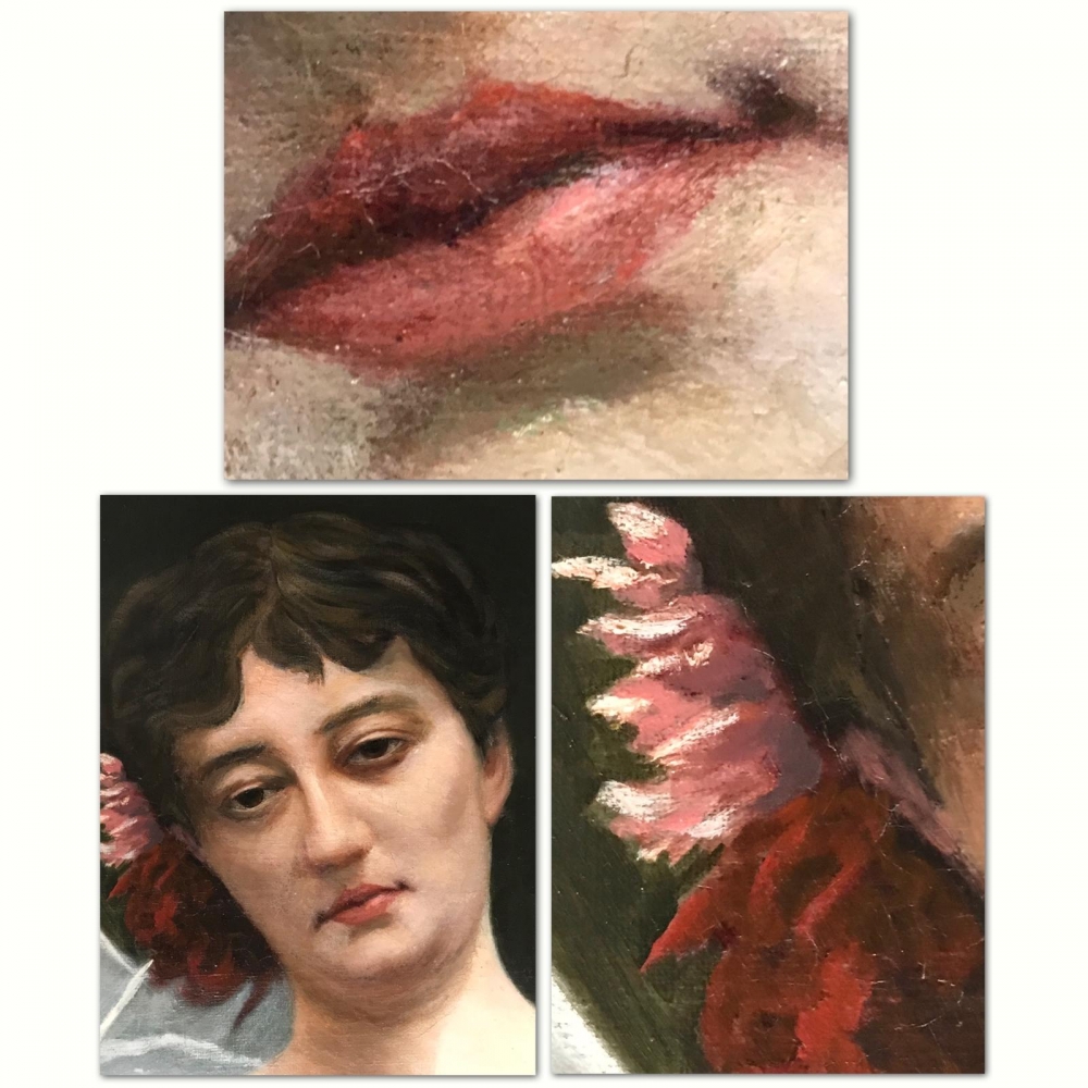 ”Jeune Femme à la Fleur Rouge”, escuela francesa, siglo XIX