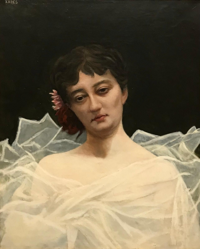 ”Jeune Femme à la Fleur Rouge”, escuela francesa, siglo XIX