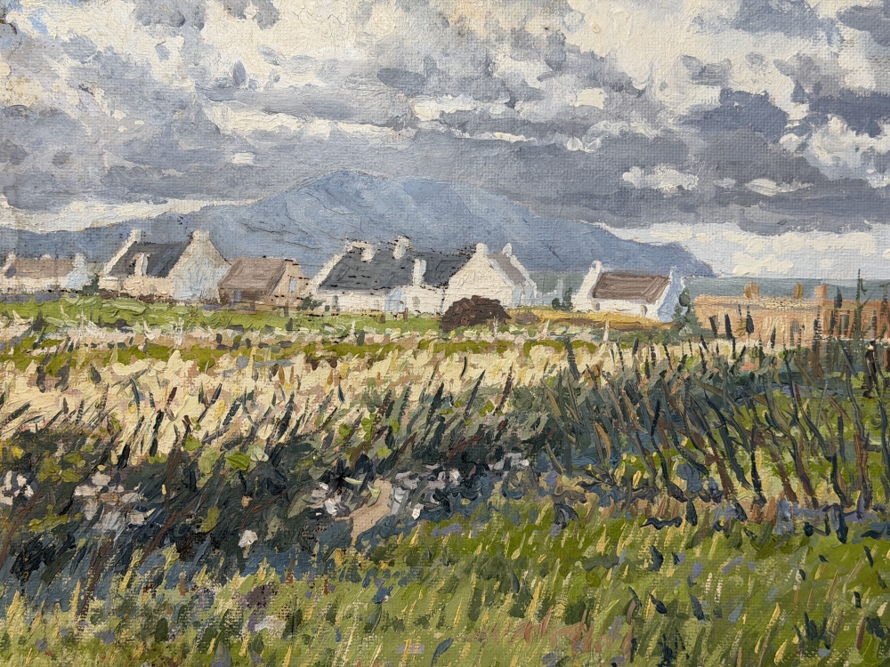  John Kirwan, Irlanda, Dublín, 1978 aprox., óleo sobre cartón, cottagos in a valley