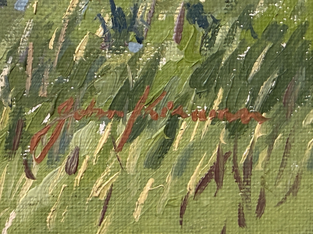  John Kirwan, Irlanda, Dublín, 1978 aprox., óleo sobre cartón, cottagos in a valley