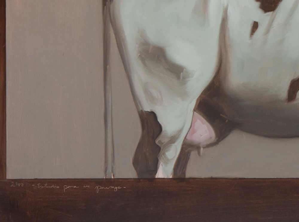 Pintura figurativa de óleo, escena con vaca, de Daniel Sueiras Fanjul