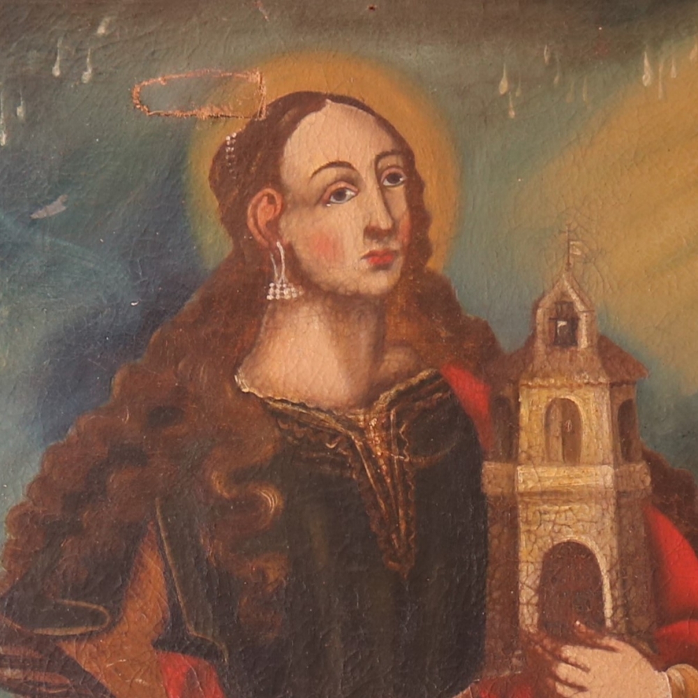 Santa Bárbara, óleo sobre lienzo del siglo XVIII con marco antiguo original