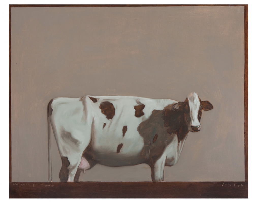 Pintura figurativa de óleo, escena con vaca, de Daniel Sueiras Fanjul