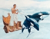 Fausto Guillén, pintura, realismo mágico, escena de cuádriga con carro y delfines
