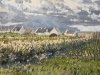  John Kirwan, Irlanda, Dublín, 1978 aprox., óleo sobre cartón, cottagos in a valley