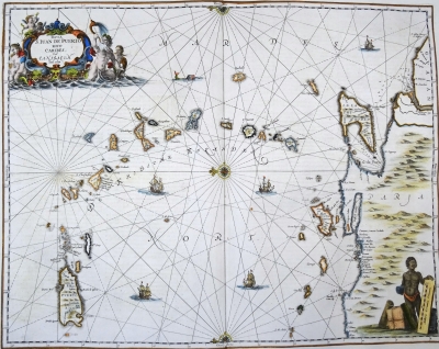 Mar Caribe, Puerto Rico, Antillas.. mapa por Janssonius, 1657, Insula S. Juan de Puerto Rico Caribes vel Canibalum insulae 