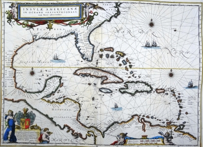 EEUU, Mar Caribe, America Central, mapa W. Blaeu, 1635, Insulae Americanae in Oceano Septentrionali cum Terris adiacentibus