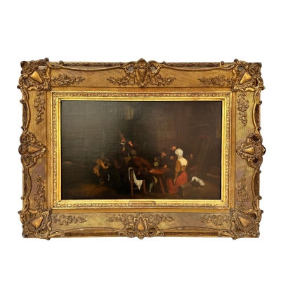 Óleo sobre tabla, “Escena de género”, escuela holandesa, siglo XIX, Países Bajos