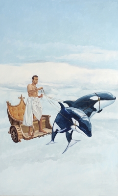 Fausto Guillén, pintura, realismo mágico, escena de cuádriga con carro y delfines