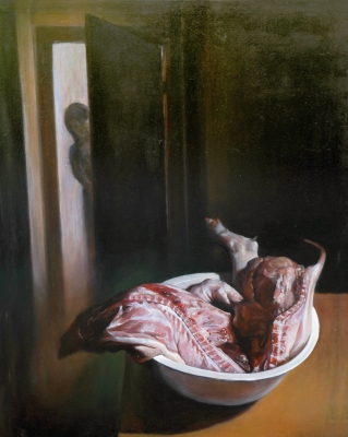 Chao Chen Huang, pintura realista, bodegón con carne sobre mesa