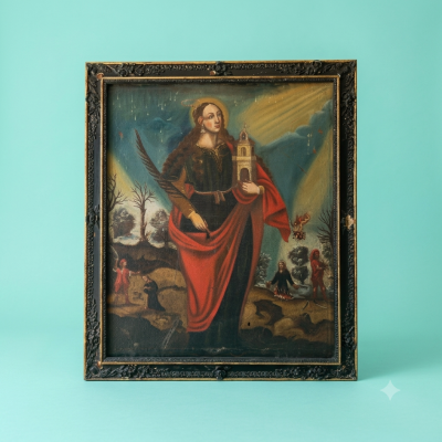 Santa Bárbara, óleo sobre lienzo del siglo XVIII con marco antiguo original