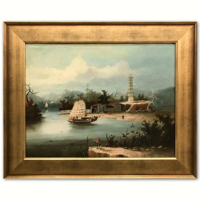 “Paisaje Lacustre con Juncos y Pagoda”, escuela china, primera mitad del siglo XX