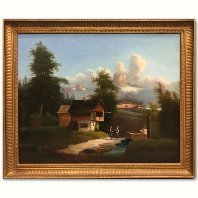 ”Paisaje Alpino con Personajes y Fuente”, escuela franco-suiza, finales del siglo XVIII