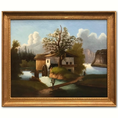 ”Paisaje Alpino con Molino de Agua y Personajes”, escuela franco-suiza, finales del siglo XVIII