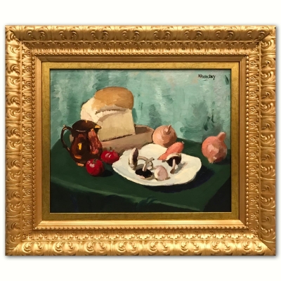 ”Still Life with Veggies, a Loaf of Bread and a Copper Jug”, Philip Naviasky (1894-1983), 1930s-40s