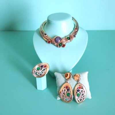 Bat Ami, conjunto de gargantilla, pendientes y broche en plata 925 electroformada, Israel, siglo XX