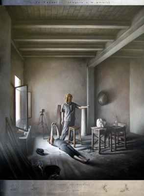 Pintura contemporánea, óleo y pan de plata, Jesús Herrera con escena arquitectura interior, cámara