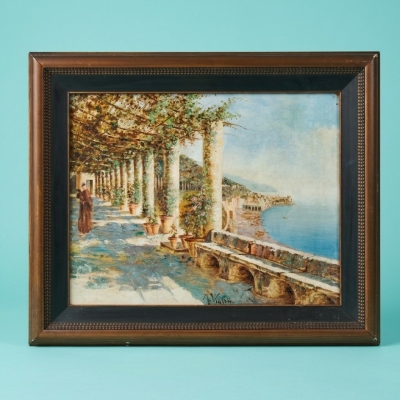 Vista del Convento dei Cappuccini de Amalfi con fraile, M. Viana, ca. 1885–1899