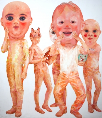 Pintura contemporánea expresionista personajes con máscaras de Samuel Salcedo