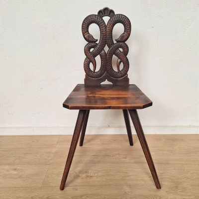 Silla escabelle de madera de arte popular alpino suizo, 1820 - 1850