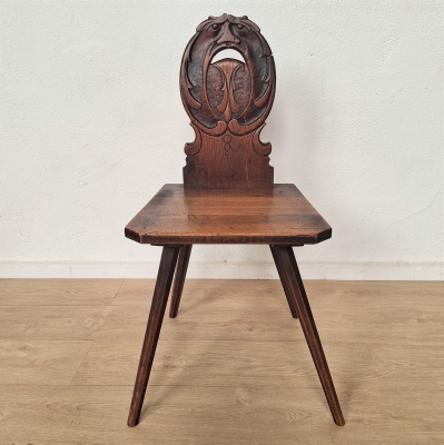 Silla de madera escabelle de arte popular alpino suizo, 1820 - 1850