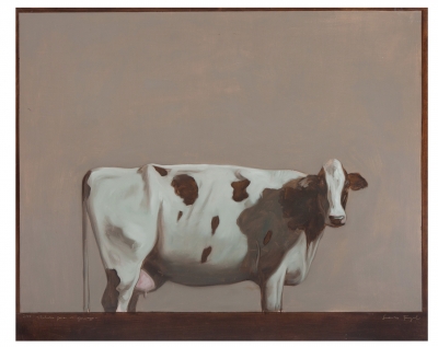 Pintura figurativa de óleo, escena con vaca, de Daniel Sueiras Fanjul