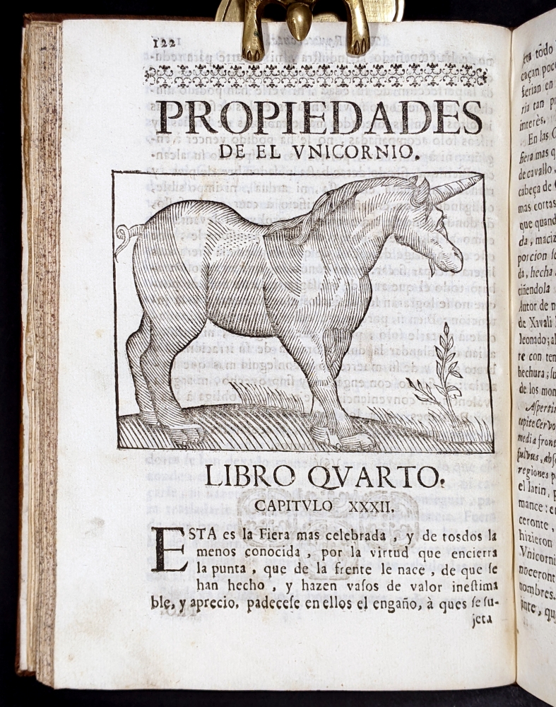 Año 1696 Unicornio. Libro de emblemas castellano. Andrés Ferrer de Valdecerebro, \"Govierno general, moral y politico, hallado en las fieras y animales sylvestres\", 1696