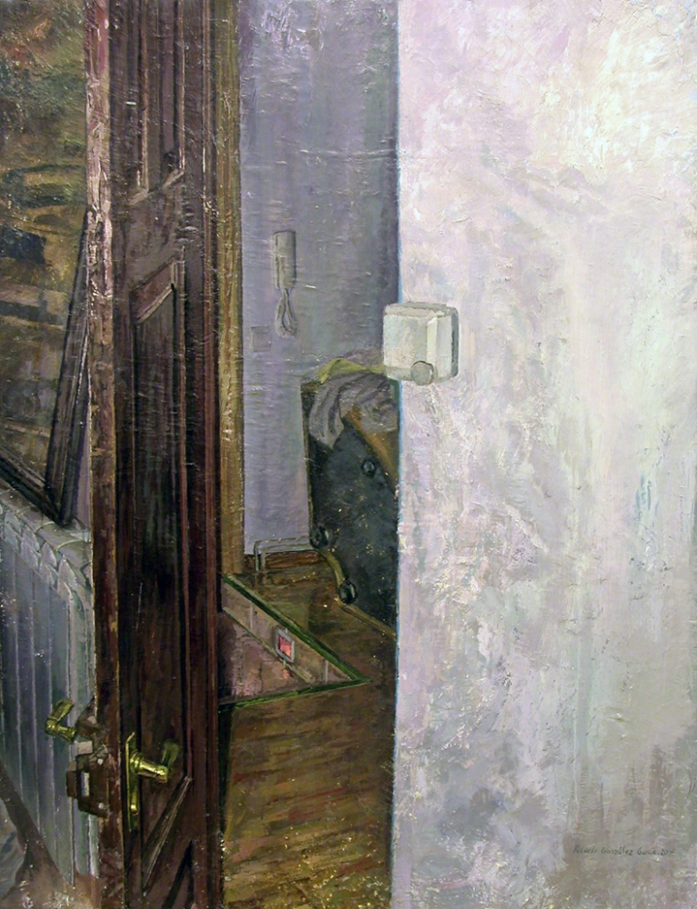 Ricardo González García, pintura realista, escena interior habitación con puerta, 2004