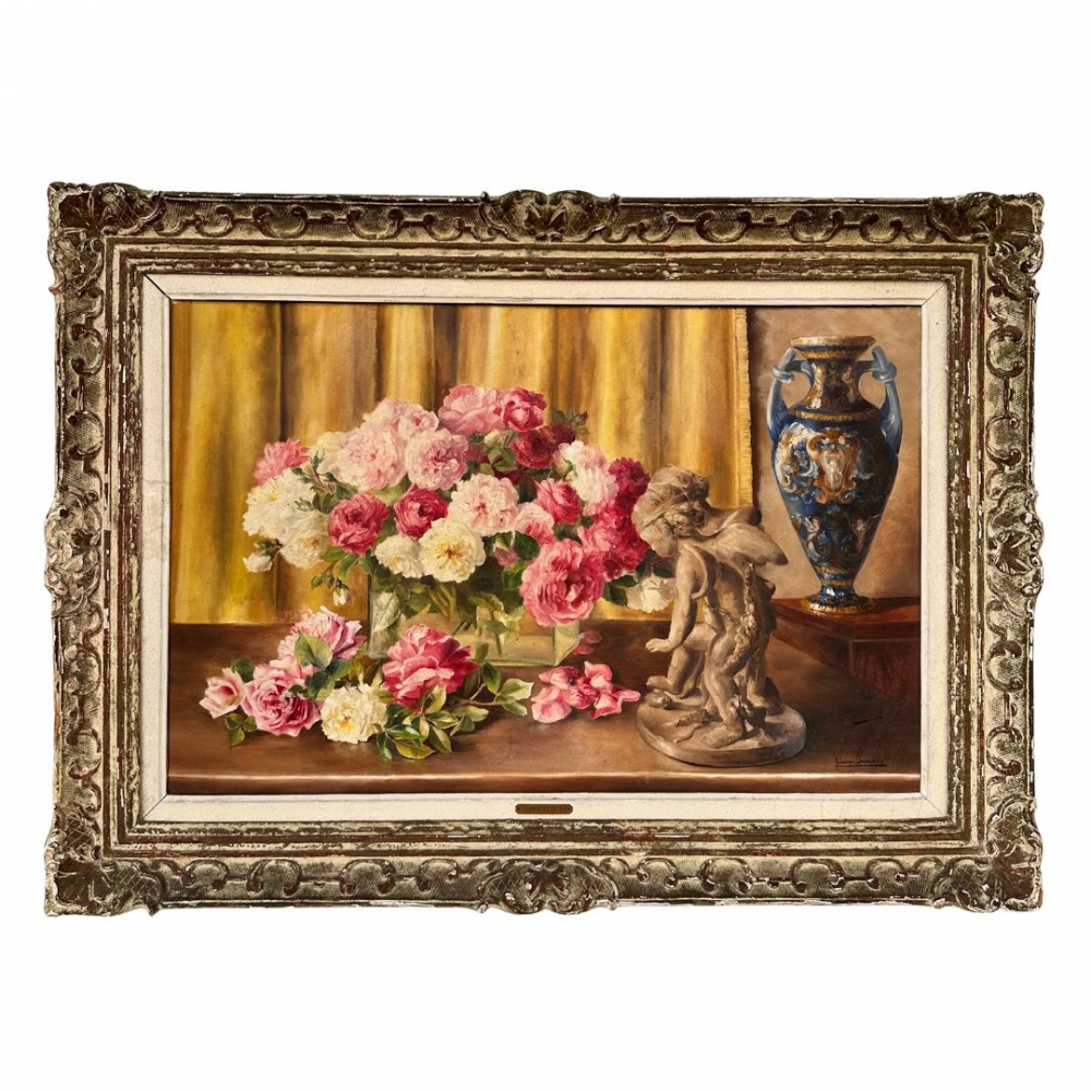 “Bodegón de rosas y jarrón”, Solange Devienne, Francia, siglo XX