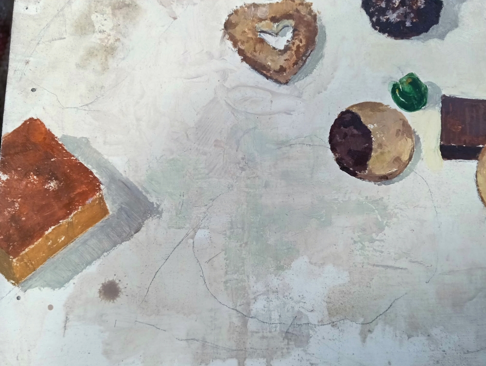 Miguel Vivo, pintura contemporánea, bodegón con dulces, galletas y pastas de té