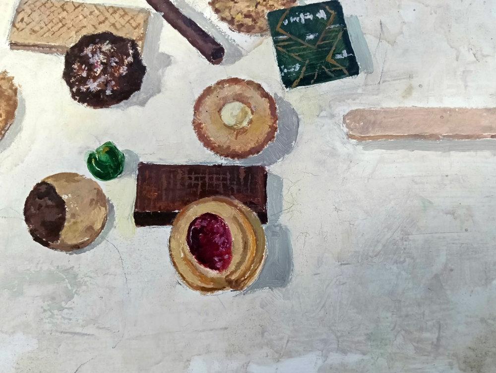Miguel Vivo, pintura contemporánea, bodegón con dulces, galletas y pastas de té