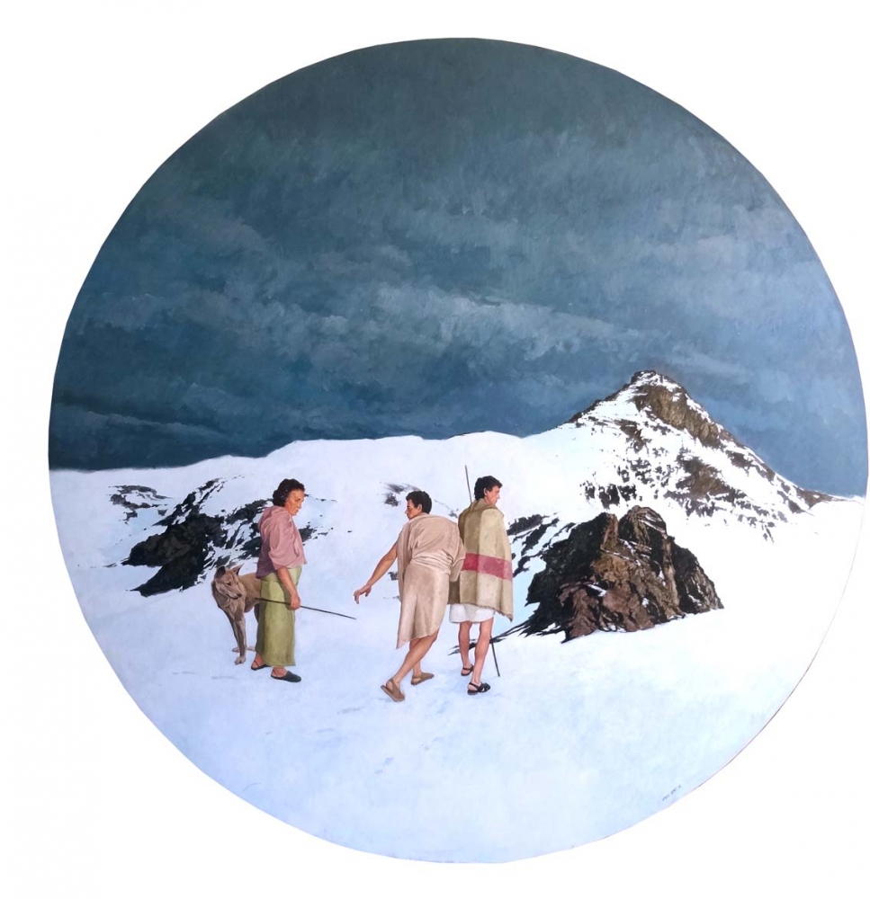 Alfredo López, expedición en la nieve, óleo sobre tabla, 2002, realismo mágico