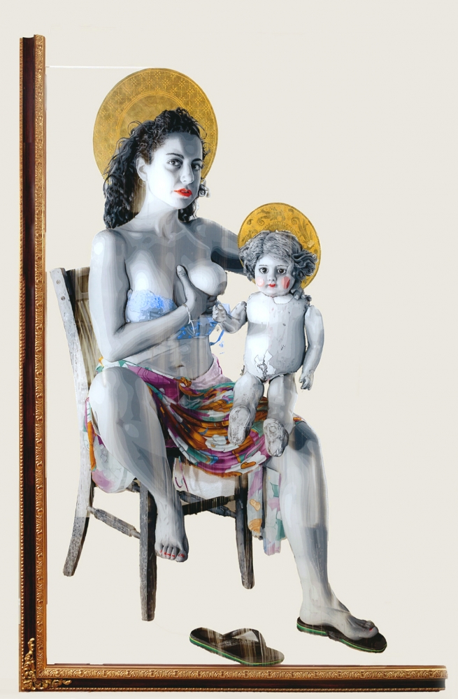 Jason Cresswell, pintura sobre metacrilato, virgen contemporánea con niño