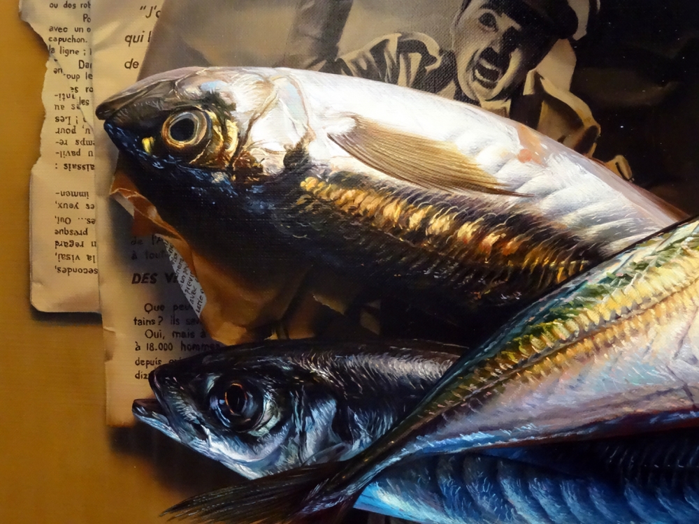 Javier Arizabalo, pintura hiperrealista, bodegón con peces, 2018