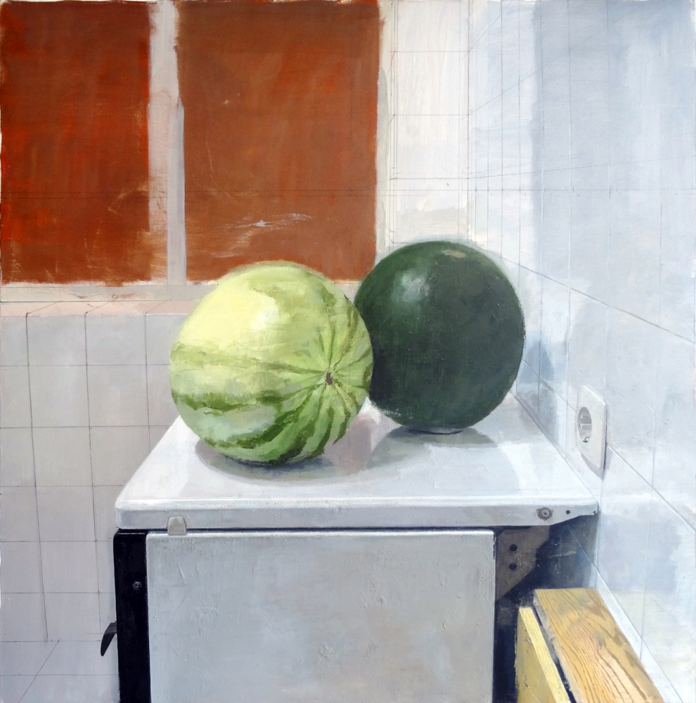 Alessandro Taiana, pintura contemporánea realista, bodegón con sandías, 2003