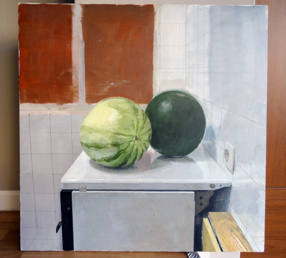 Alessandro Taiana, pintura contemporánea realista, bodegón con sandías, 2003