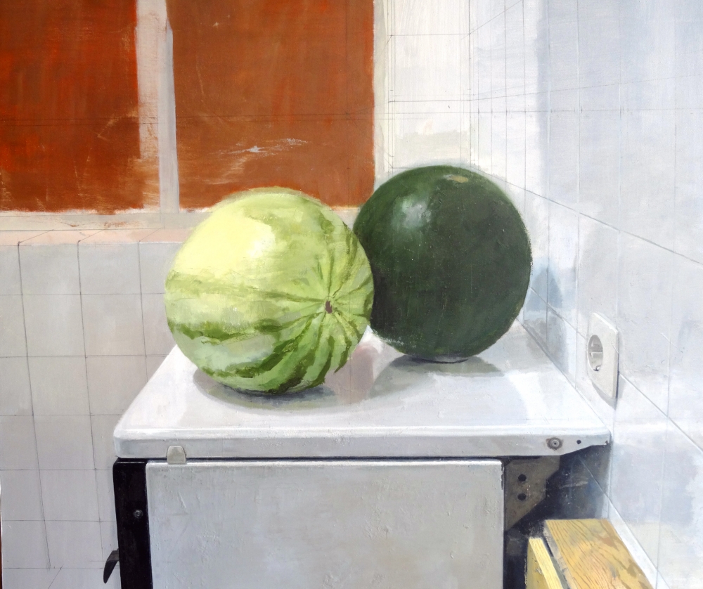 Alessandro Taiana, pintura contemporánea realista, bodegón con sandías, 2003